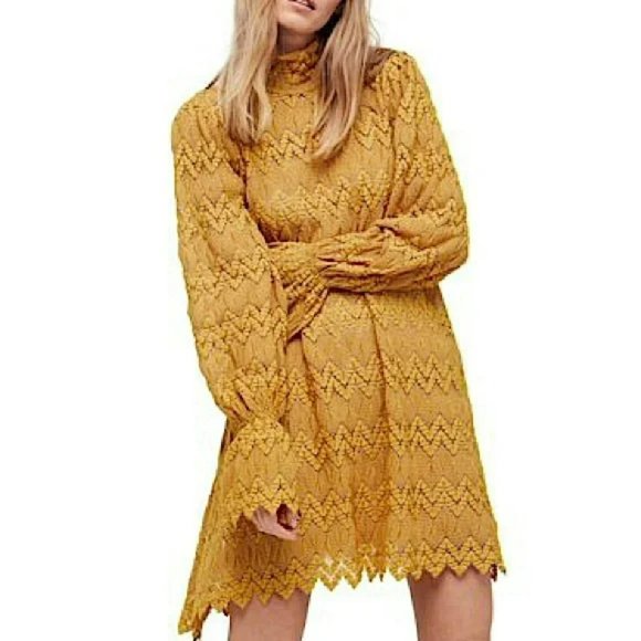Free People Dresses & Skirts - Free People Simone Lace Mini Dress in Mustard.  SZ S